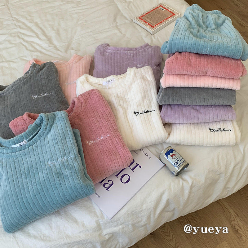 Women's Striped Coral Fleece Pajamas Set for Fall/Winter